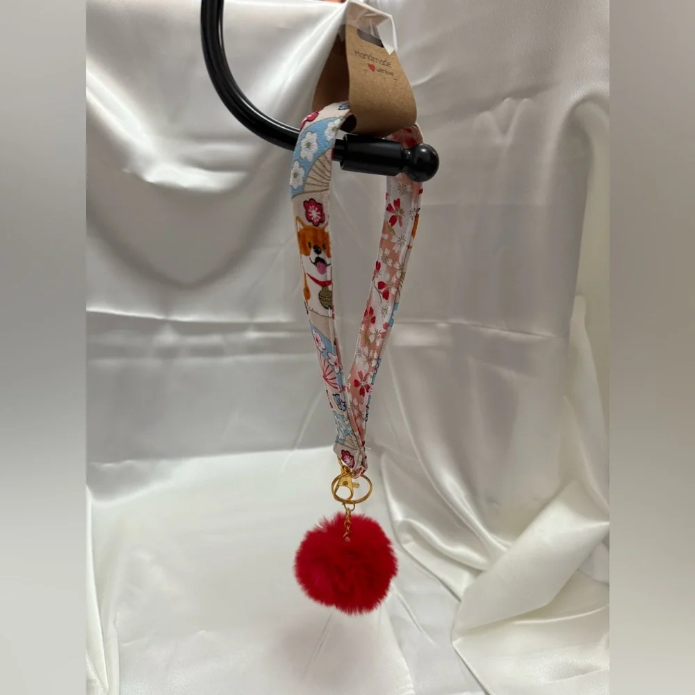Handmade Shiba Inu and Cherry Blossom Floral Wristlet Keychain with Red Pompom